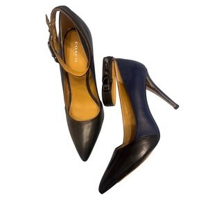 Coach Leather Ankle‎ Strap Heels Pointed Toe Block Heel Pumps Womens Size